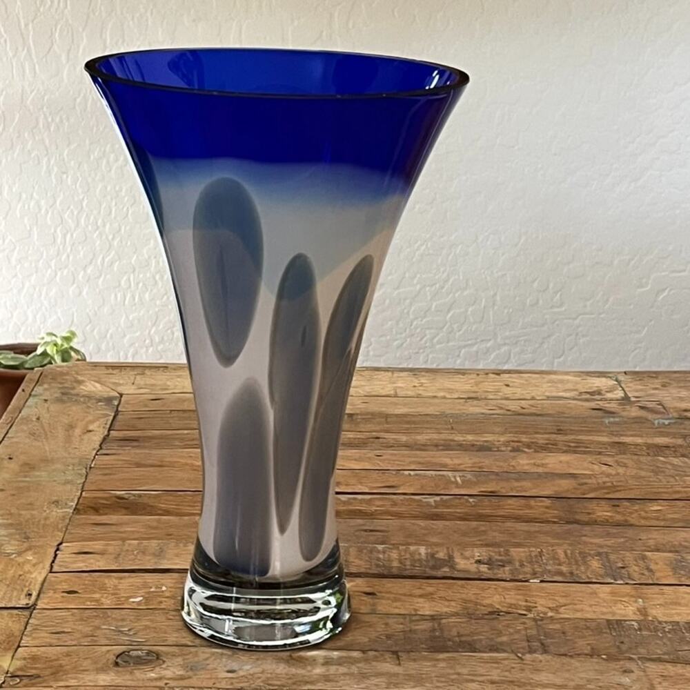 Makora Cobalt Blue Trim Hand-blown Glass Vase 12.5" Tall Made in Poland - Picture 4 of 13